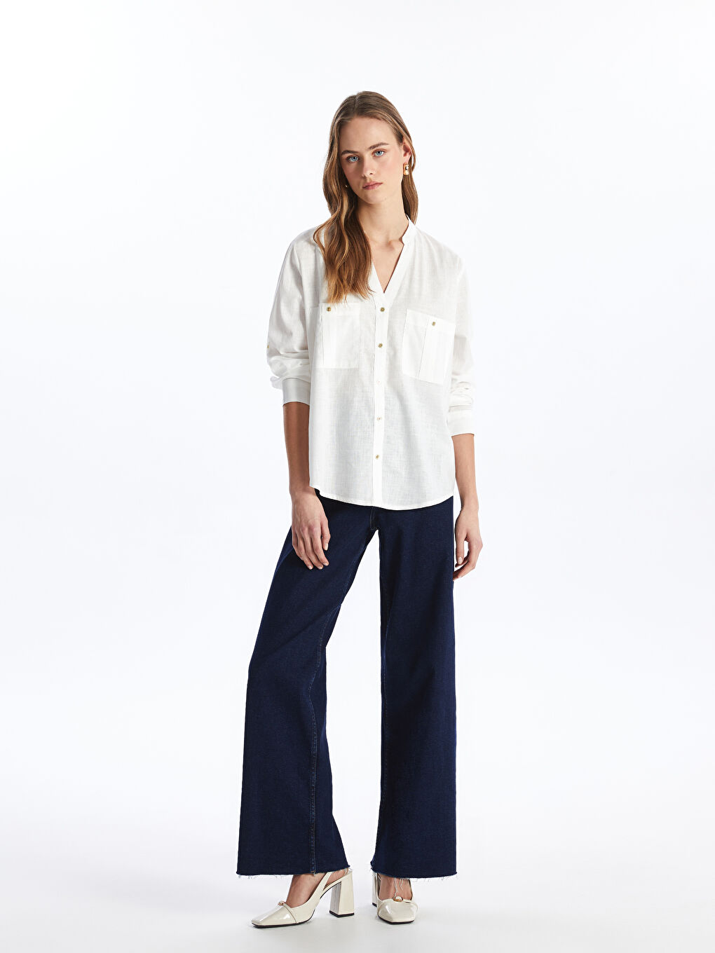 Notch Neck Plain Long Sleeve Women's Shirt -S46876Z8-R9J