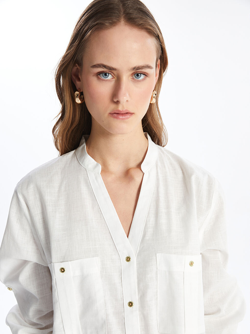 Notch Neck Plain Long Sleeve Women's Shirt -S46876Z8-R9J