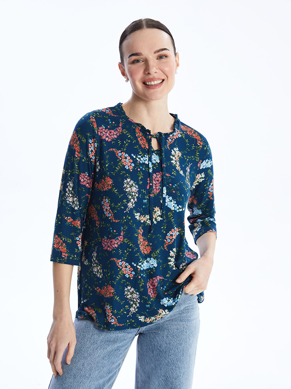 Tie Collar Patterned Women's T-Shirt -S46920Z8-F9C