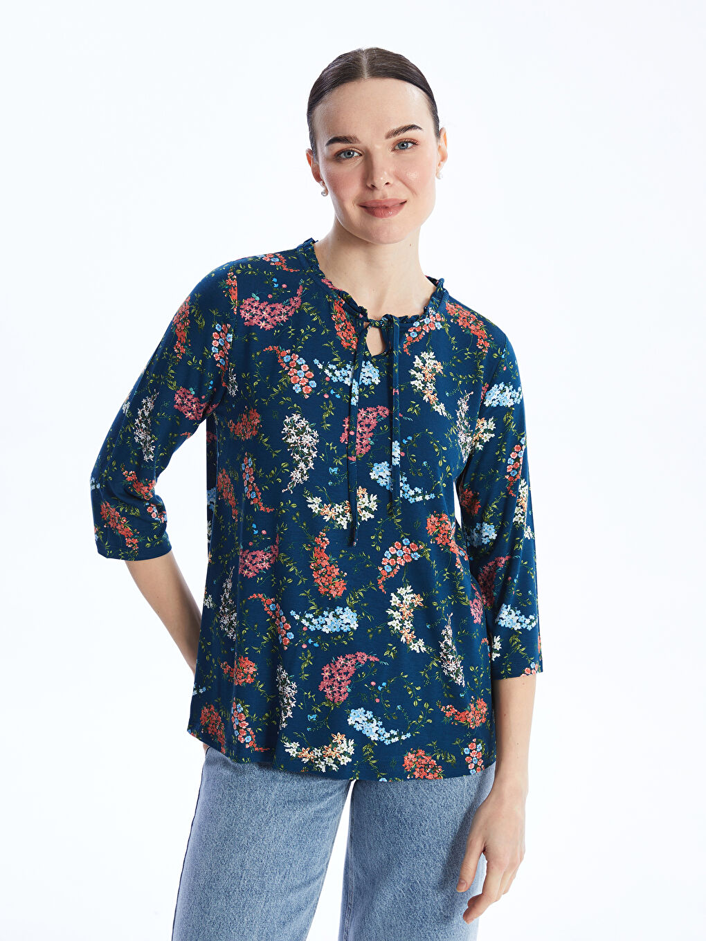 Tie Collar Patterned Women's T-Shirt -S46920Z8-F9C