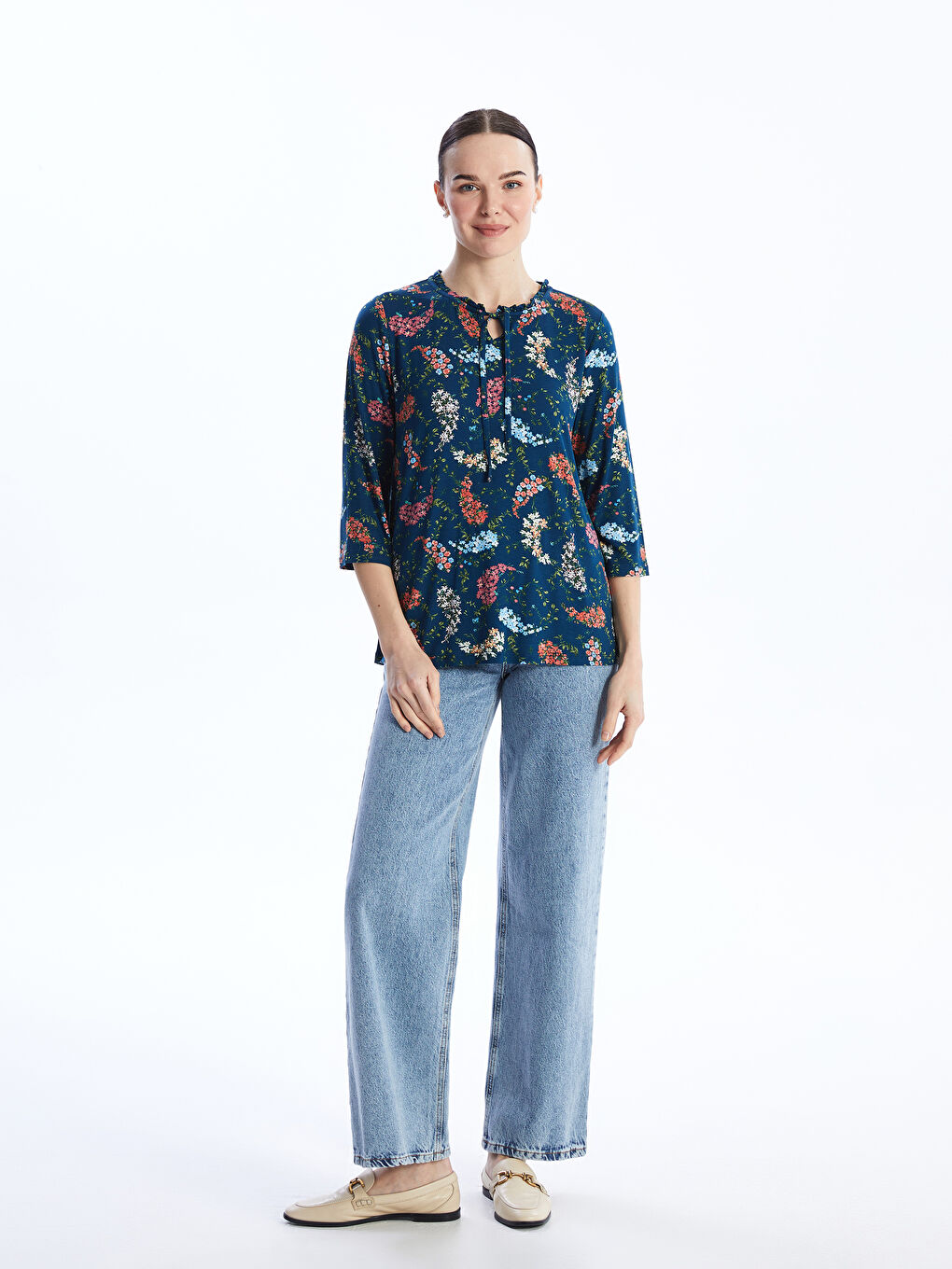 Tie Collar Patterned Women's T-Shirt -S46920Z8-F9C