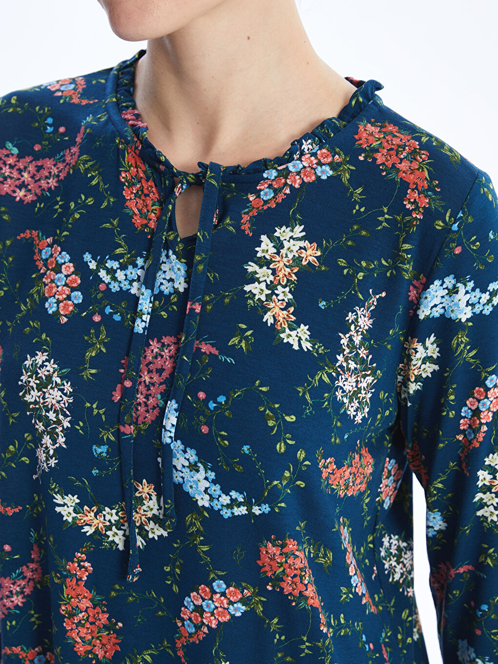 Tie Collar Patterned Women's T-Shirt -S46920Z8-F9C