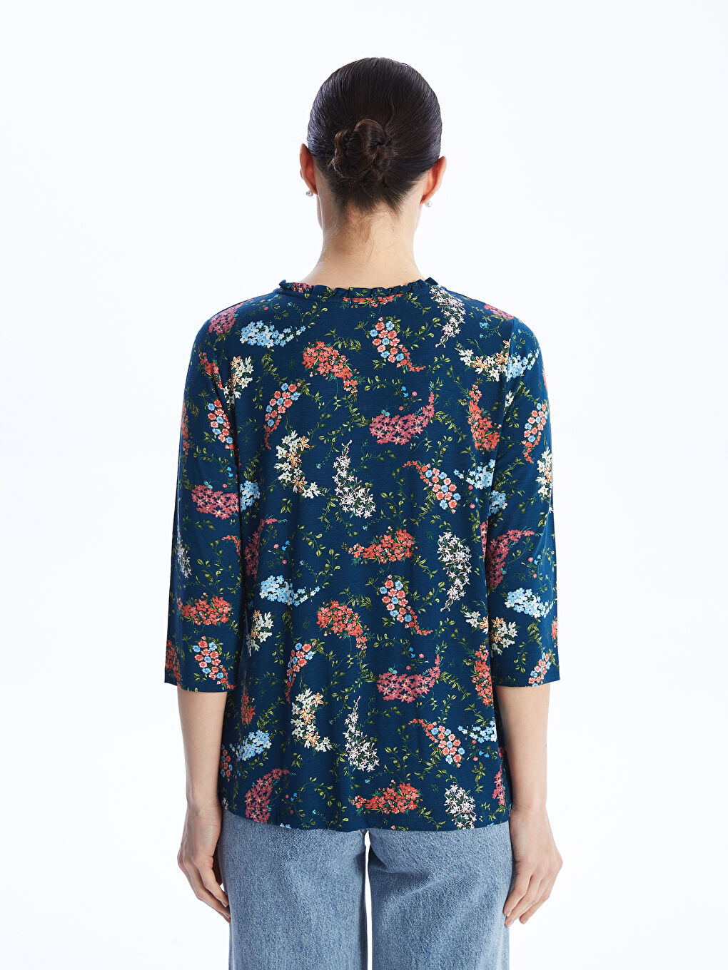 Tie Collar Patterned Women's T-Shirt -S46920Z8-F9C