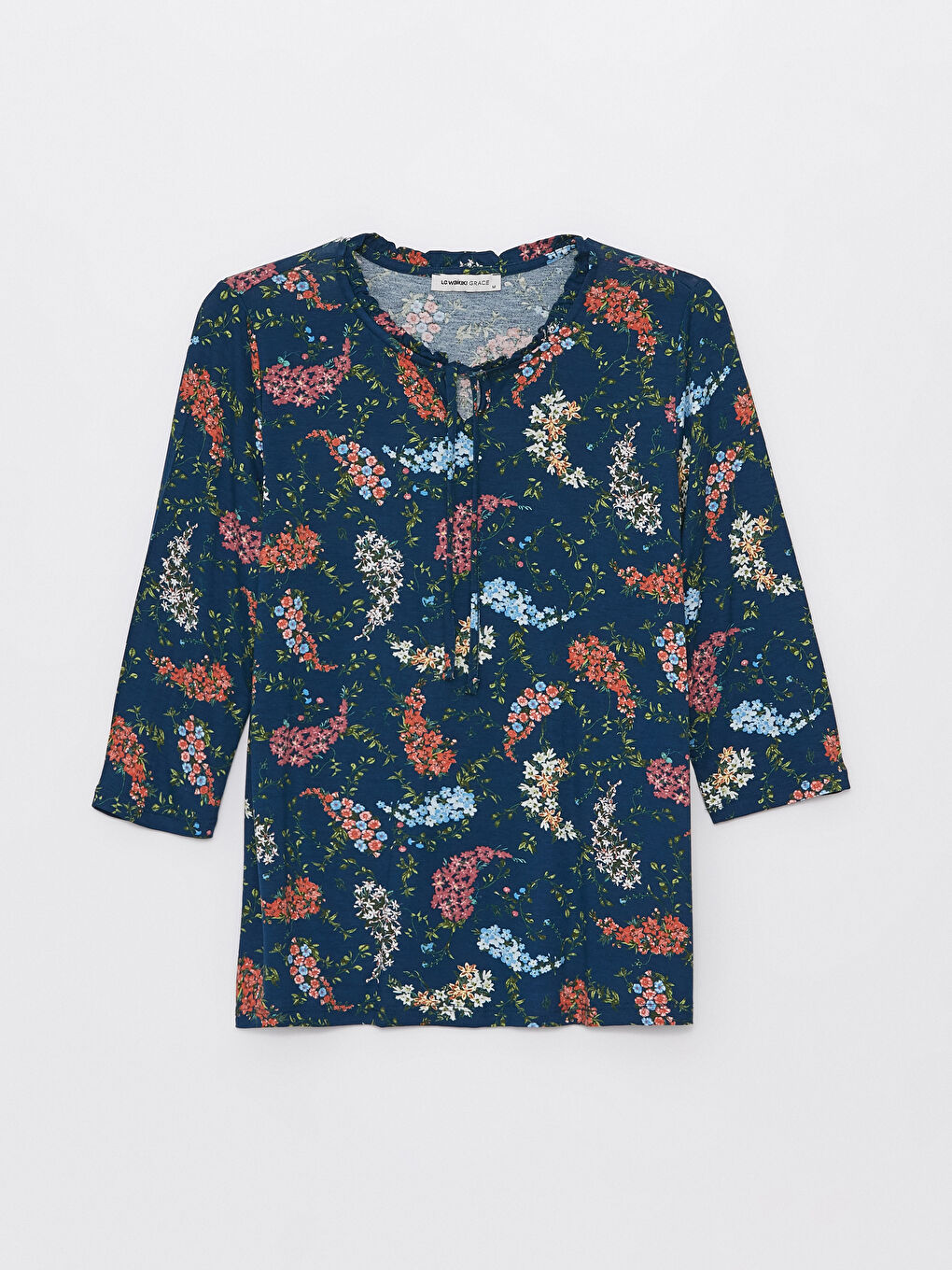 Tie Collar Patterned Women's T-Shirt -S46920Z8-F9C