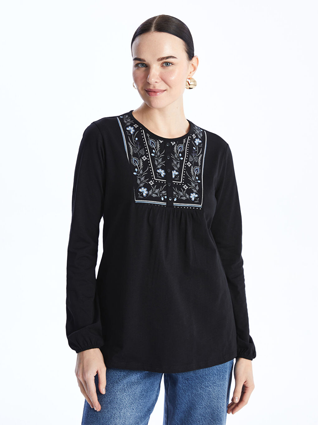 Siyah Bisiklet Yaka Desenli Uzun Kollu Kadın Bluz