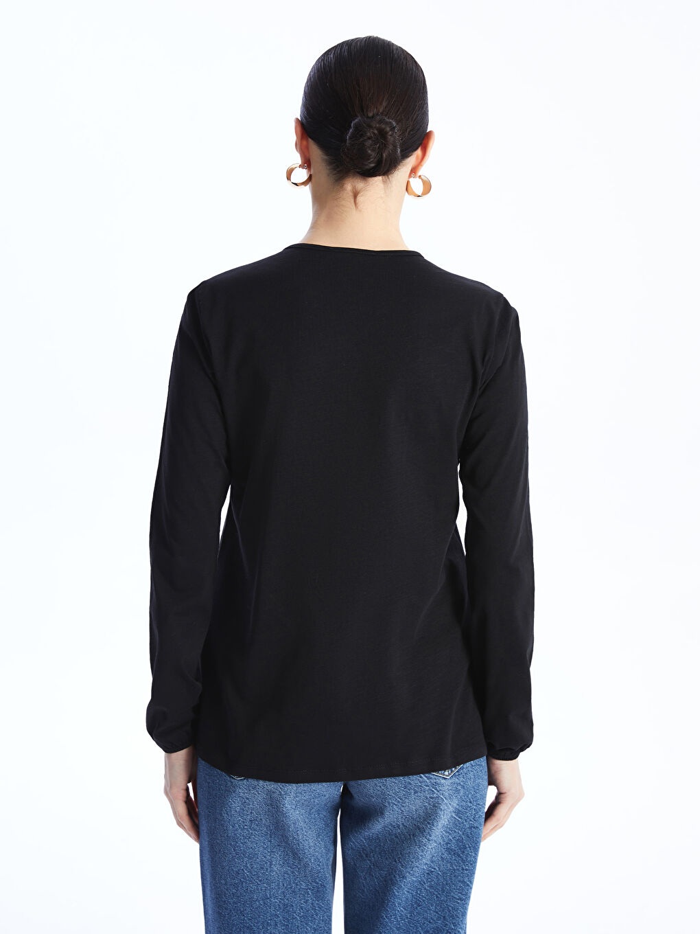 Siyah Bisiklet Yaka Desenli Uzun Kollu Kadın Bluz-3