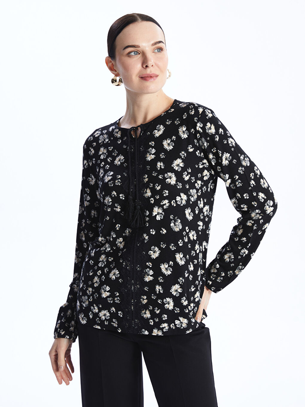 LCW Grace Tie Neck Floral Long Sleeve Women's Blouse -S46946Z8-LQJ