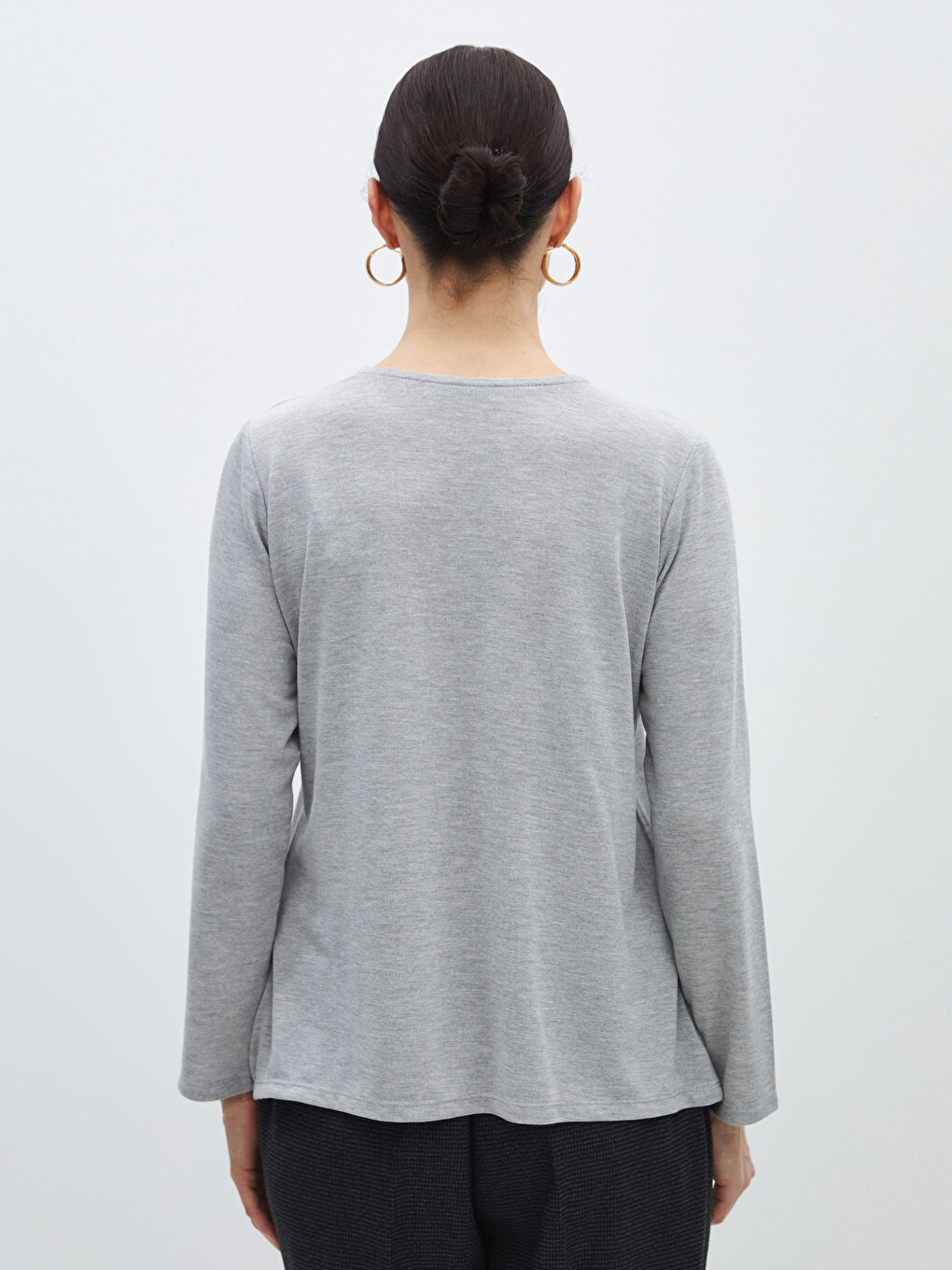 Gri Bisiklet Yaka Desenli Uzun Kollu Kadın Bluz-4