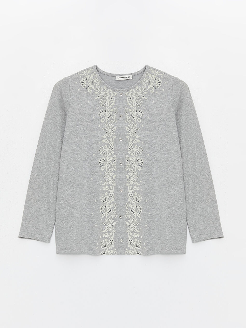 Gri Bisiklet Yaka Desenli Uzun Kollu Kadın Bluz-5