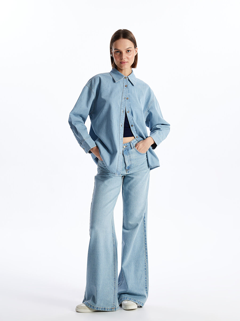 LC Waikiki Plain Long Sleeve Oversize Women's Denim Shirt -S46970Z8-311