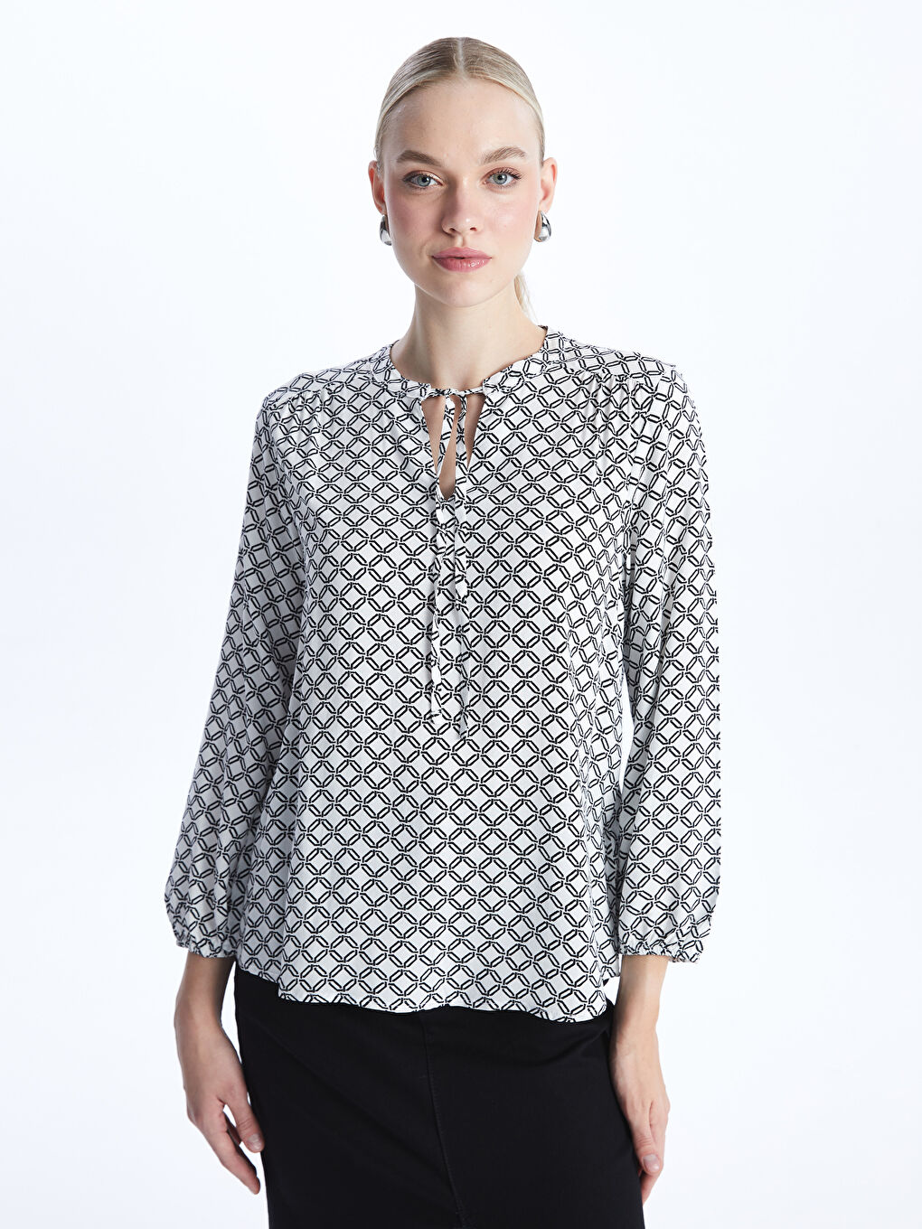 Tie Neck Patterned Long Sleeve Women's Blouse -S47002Z8-LRA