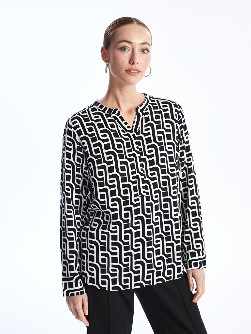 Блузка с вырезом с выемкой, узорчатая, с длинным рукавом для женщин