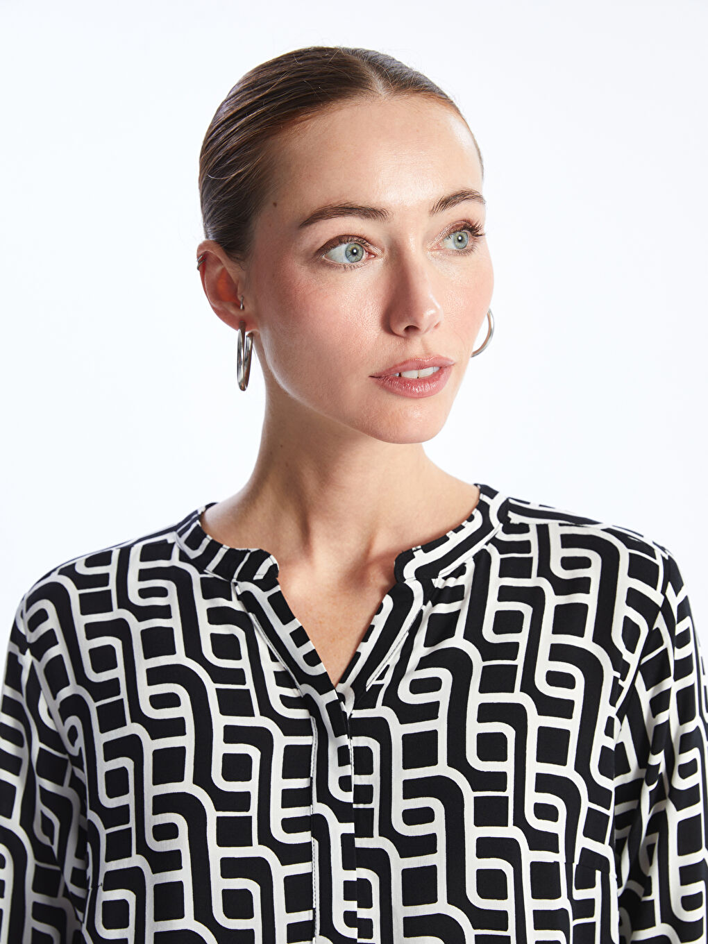 Блузка с вырезом с выемкой, узорчатая, с длинным рукавом для женщин-2