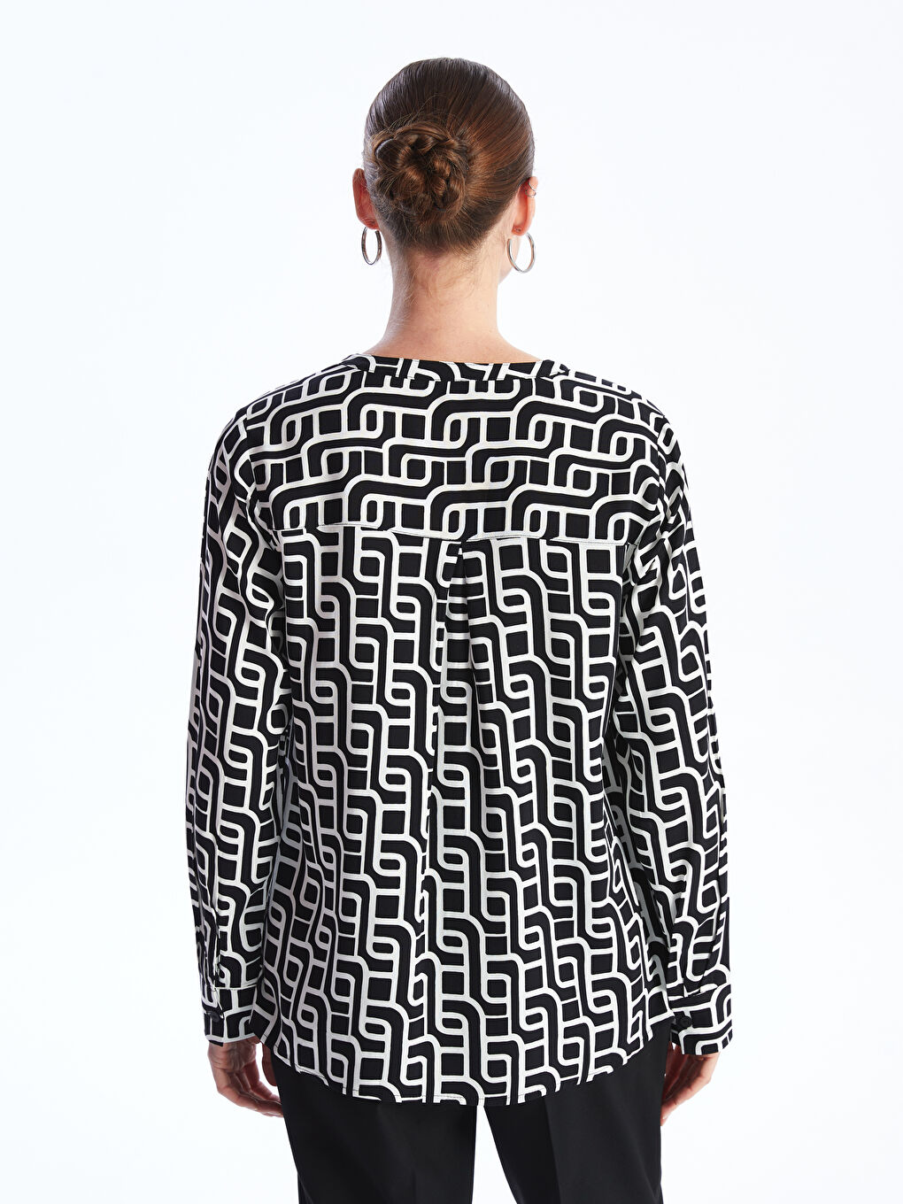 Блузка с вырезом с выемкой, узорчатая, с длинным рукавом для женщин-4