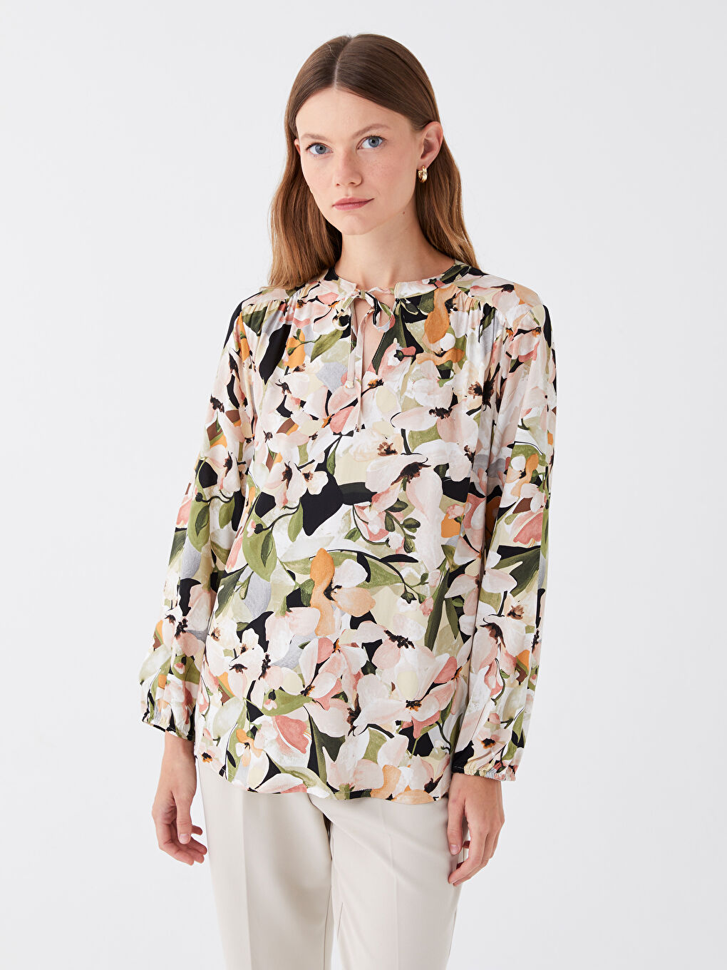 Tie Neck Floral Long Sleeve Women's Blouse -S47015Z8-F9C