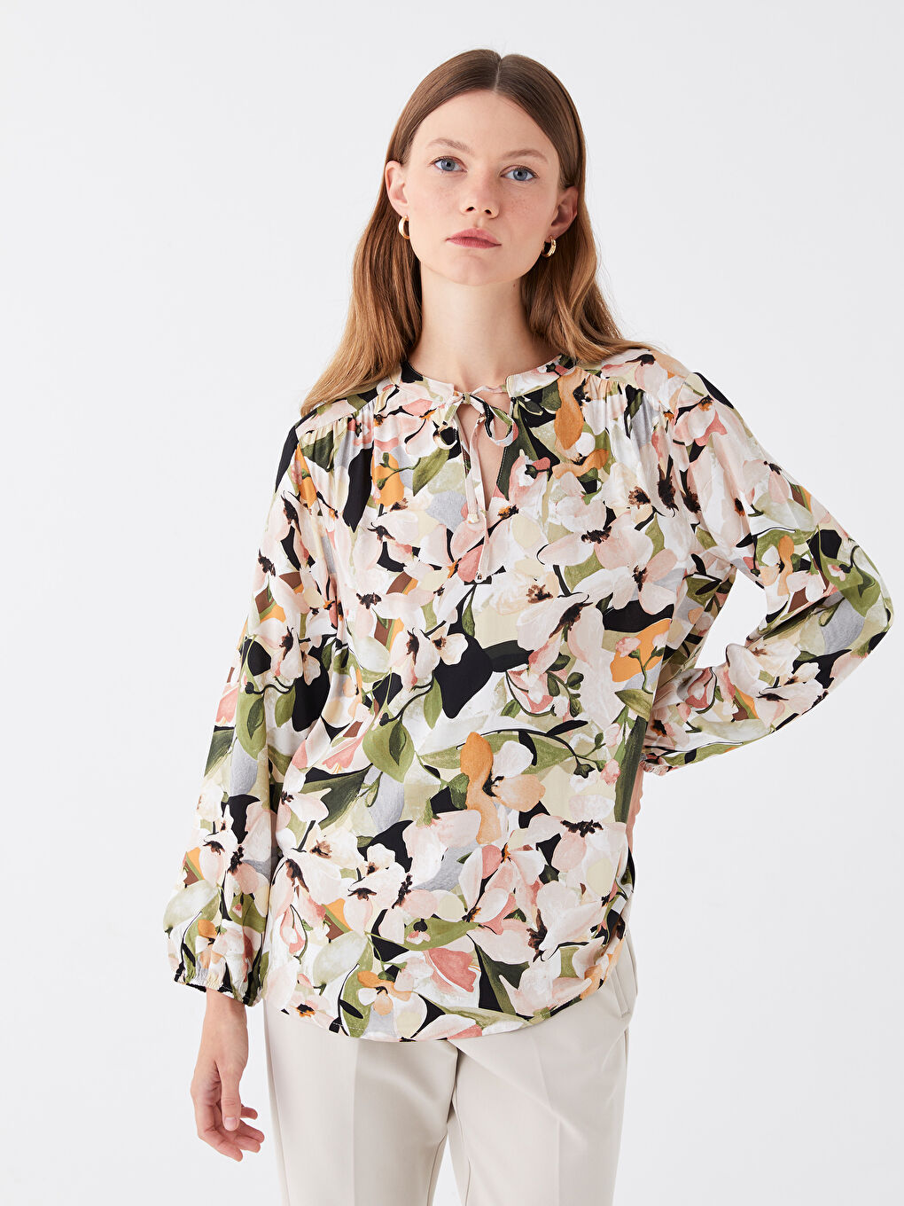 Tie Neck Floral Long Sleeve Women's Blouse -S47015Z8-F9C