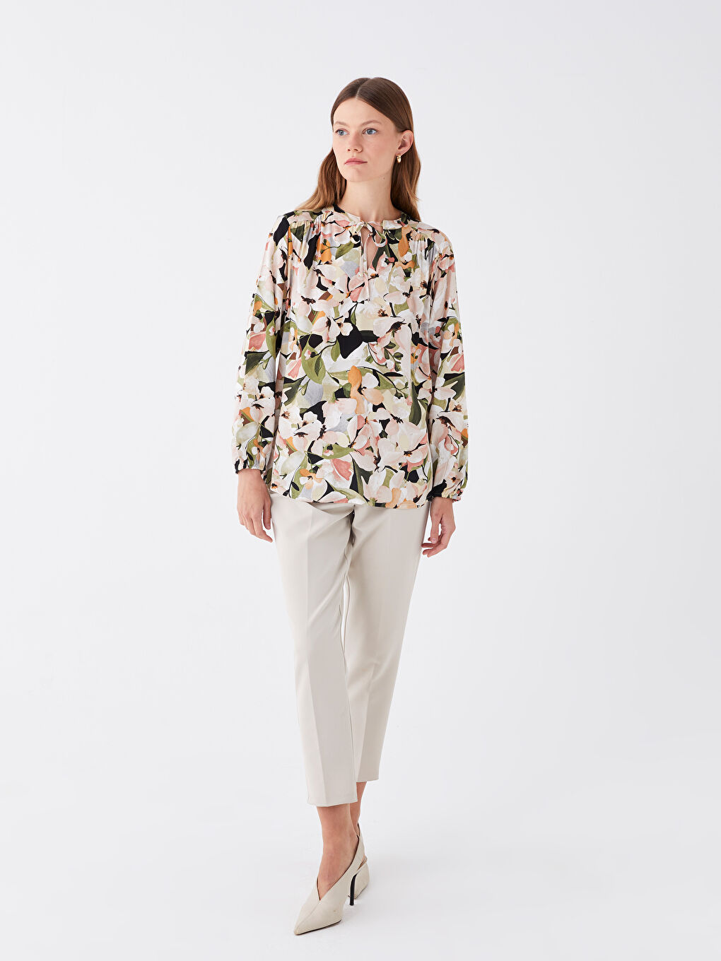 Tie Neck Floral Long Sleeve Women's Blouse -S47015Z8-F9C