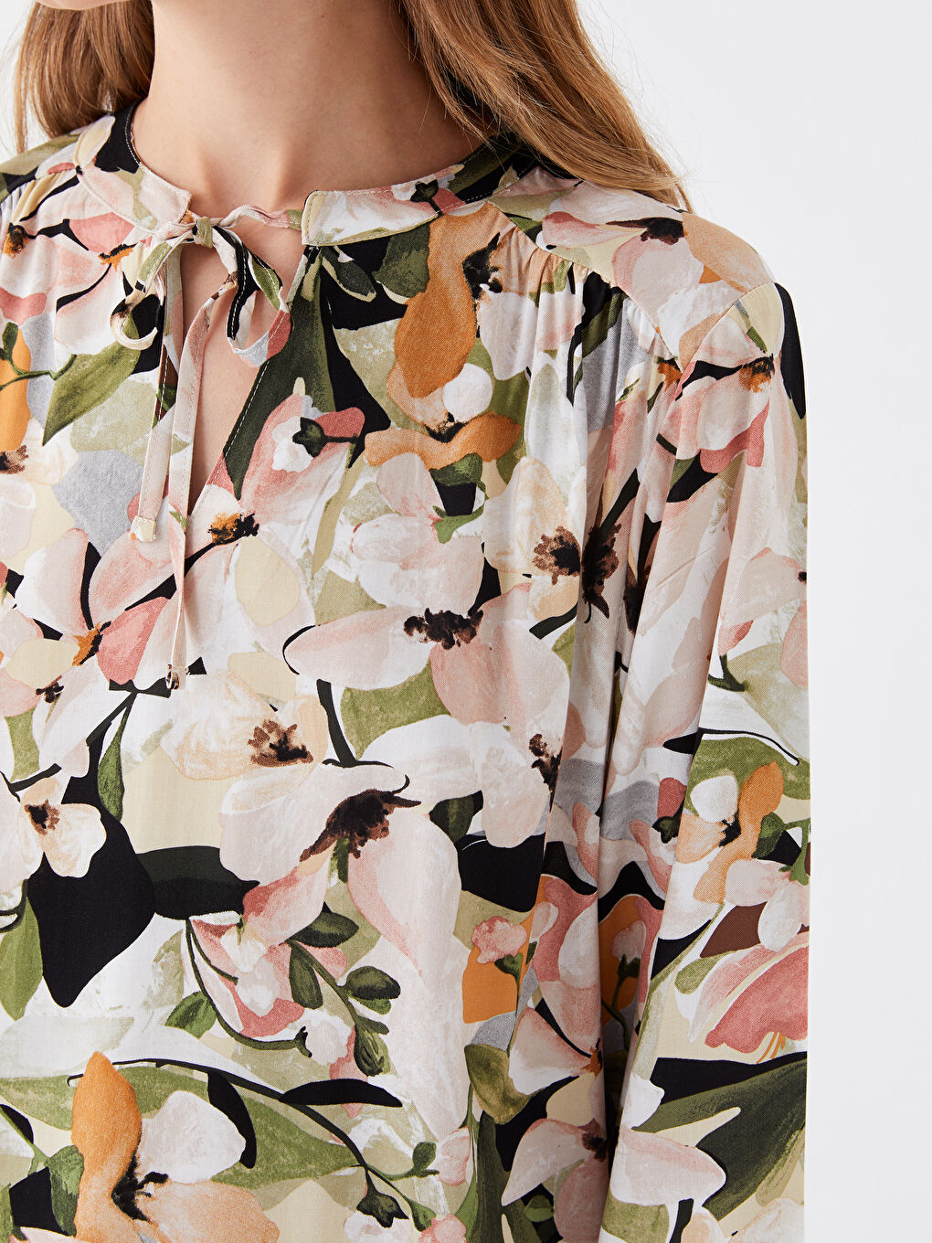 Tie Neck Floral Long Sleeve Women's Blouse -S47015Z8-F9C