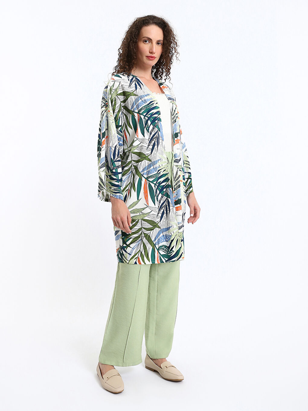 كيمونو نساء واسع زهري ياقة شال-1