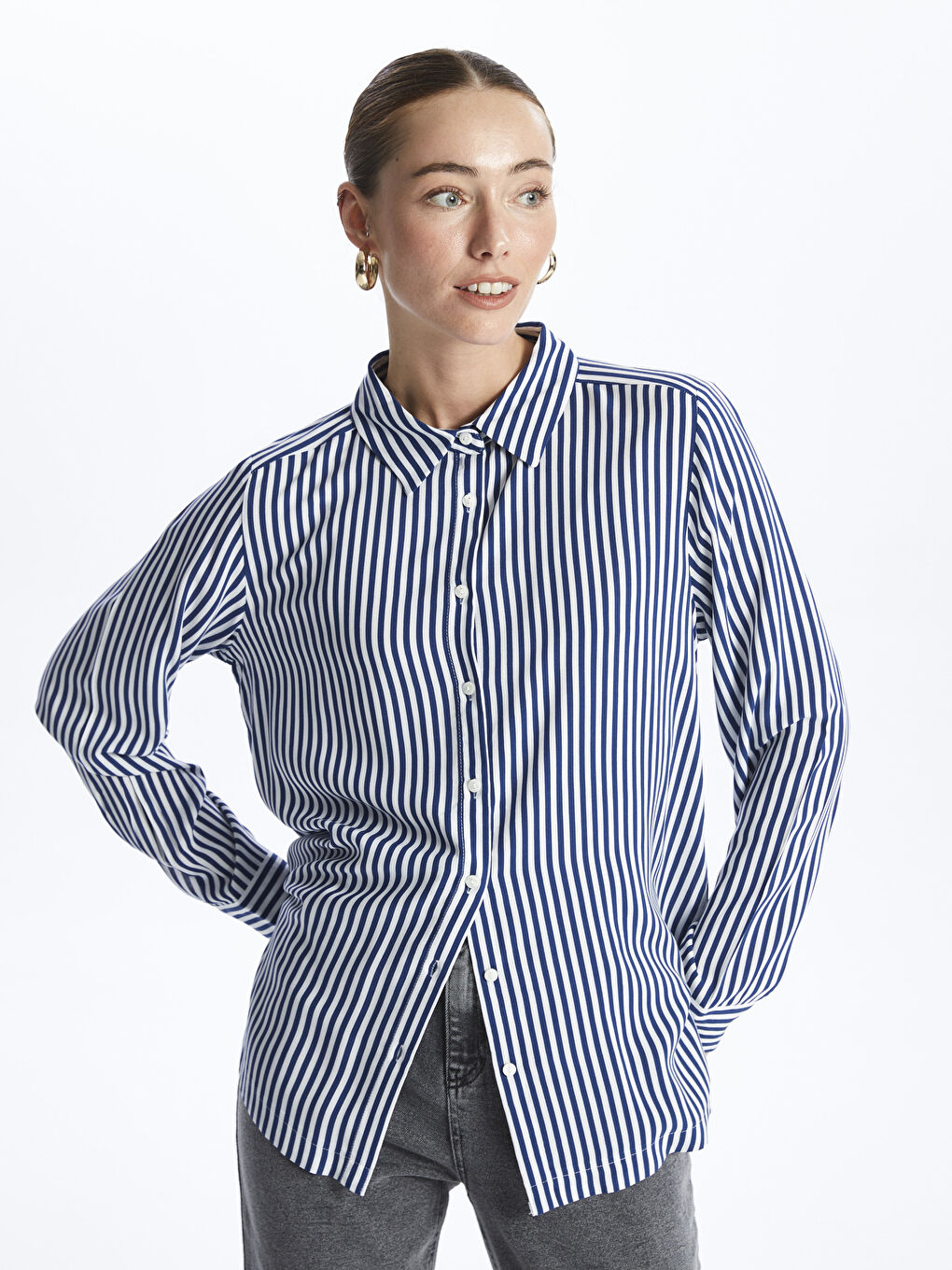 Полосатая рубашка с длинным рукавом для женщин