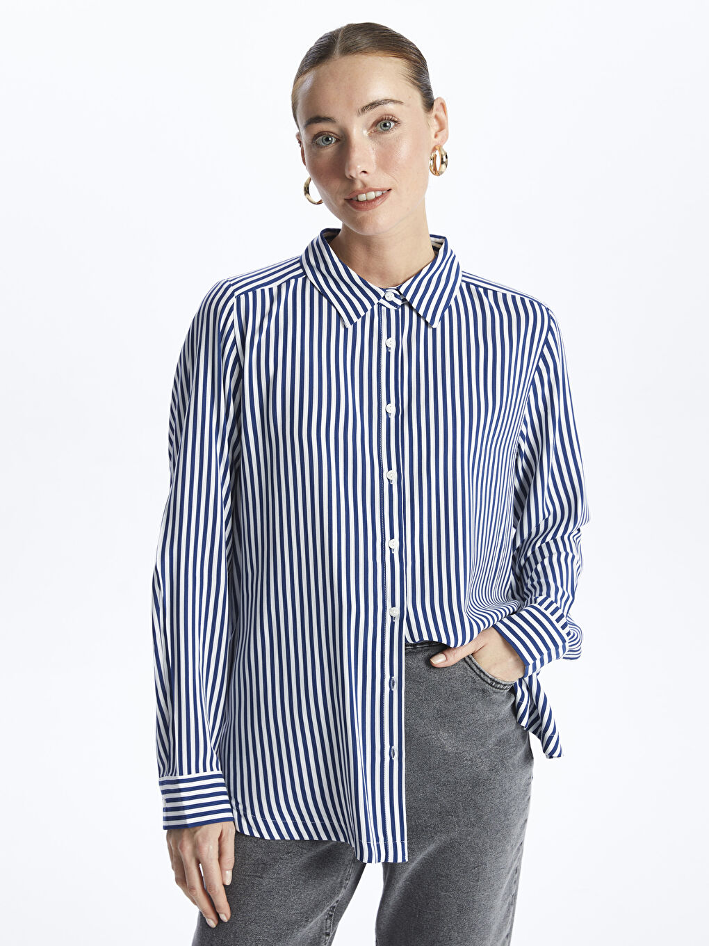 Полосатая рубашка с длинным рукавом для женщин-1
