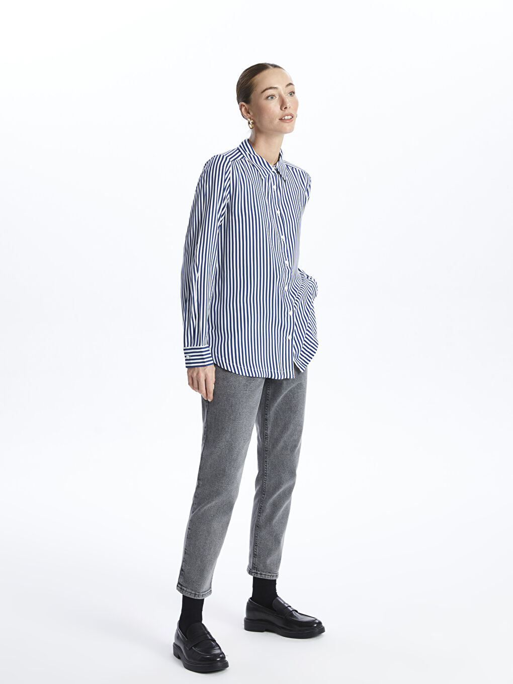 Полосатая рубашка с длинным рукавом для женщин-2