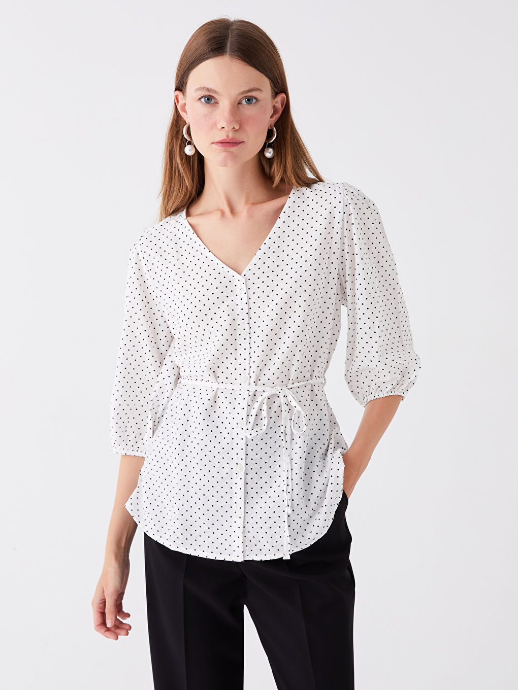 LC Waikiki V-Neck Polka Dot Women's Blouse -S47108Z8-LRA