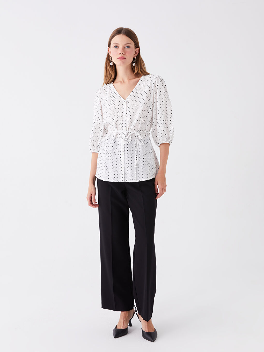 LC Waikiki V-Neck Polka Dot Women's Blouse -S47108Z8-LRA