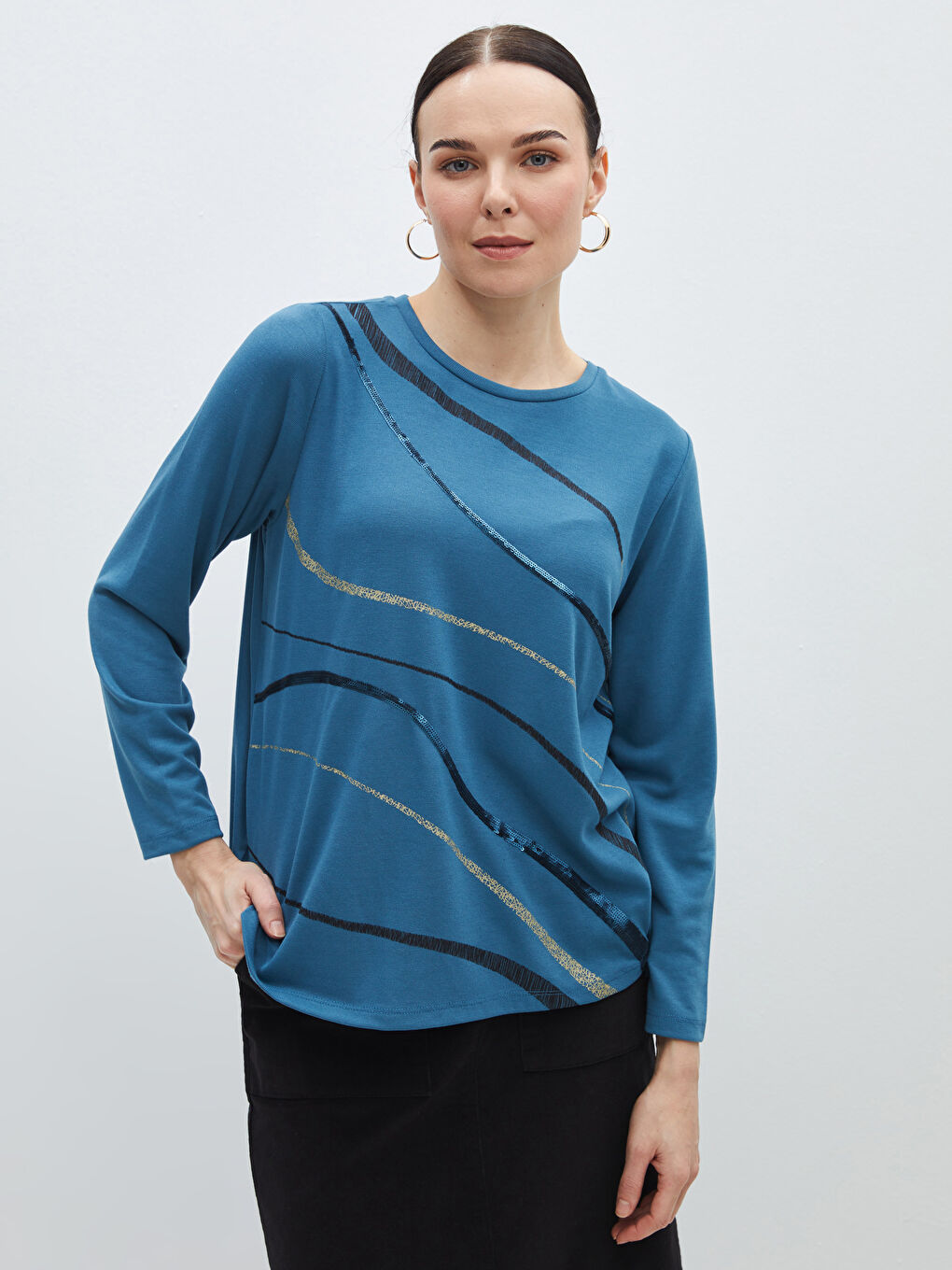 LCW Grace Crew Neck Patterned Long Sleeve Women's Blouse -S47129Z8-HMV