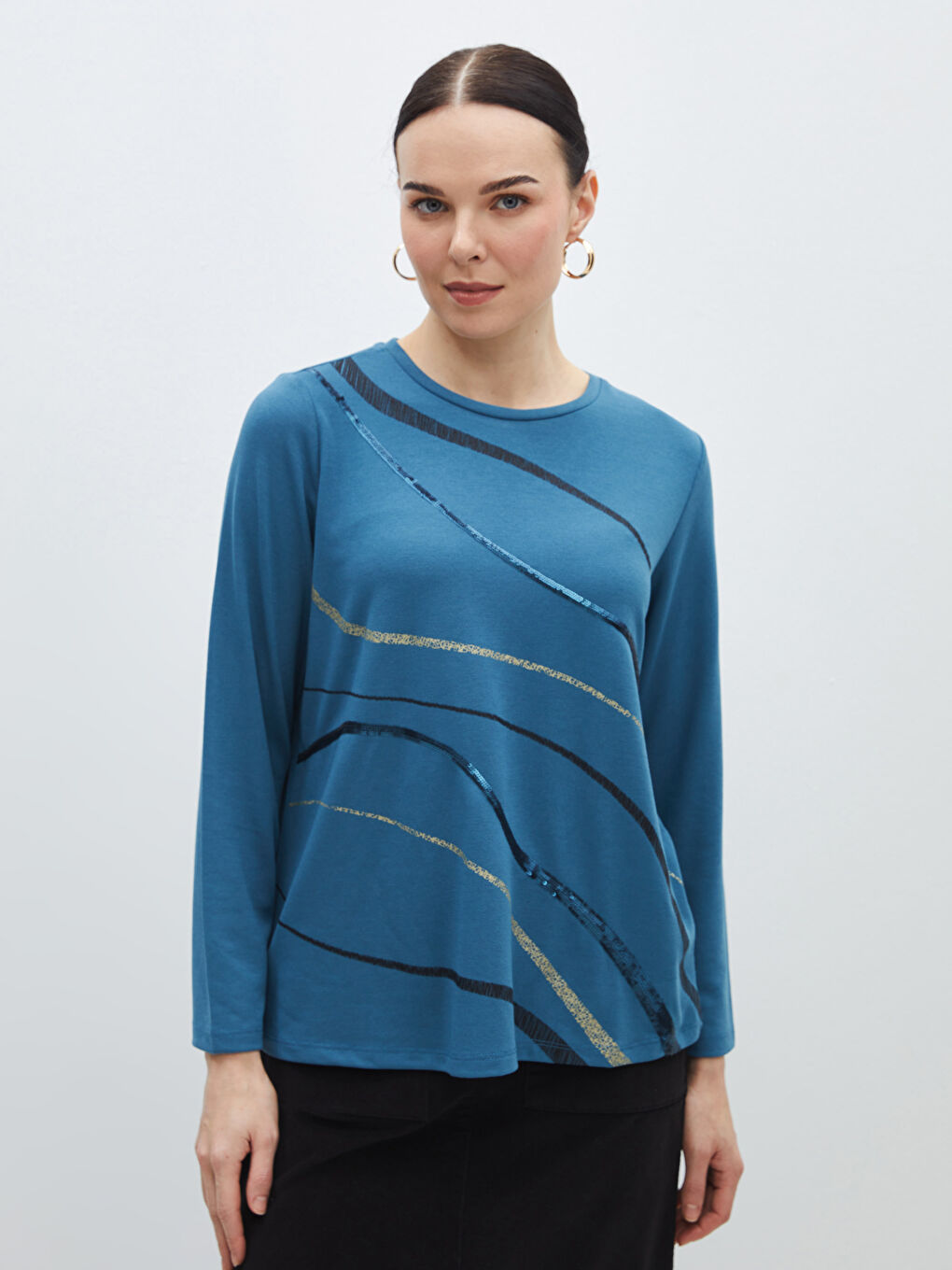 LCW Grace Crew Neck Patterned Long Sleeve Women's Blouse -S47129Z8-HMV