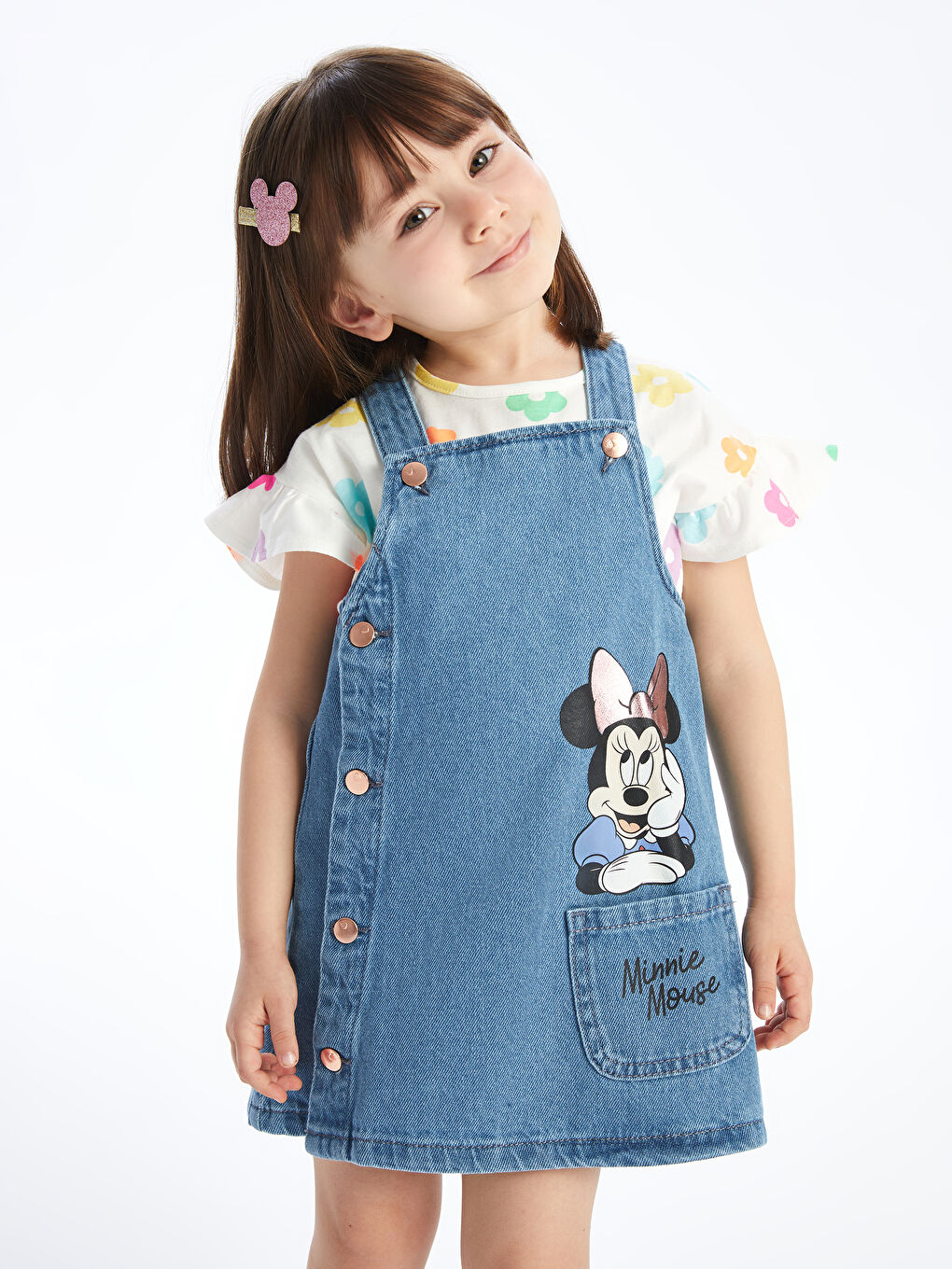 LCW baby Orta İndigo Rodeo Kare Yaka Minnie Mouse Baskılı Kız Bebek Jean Elbise