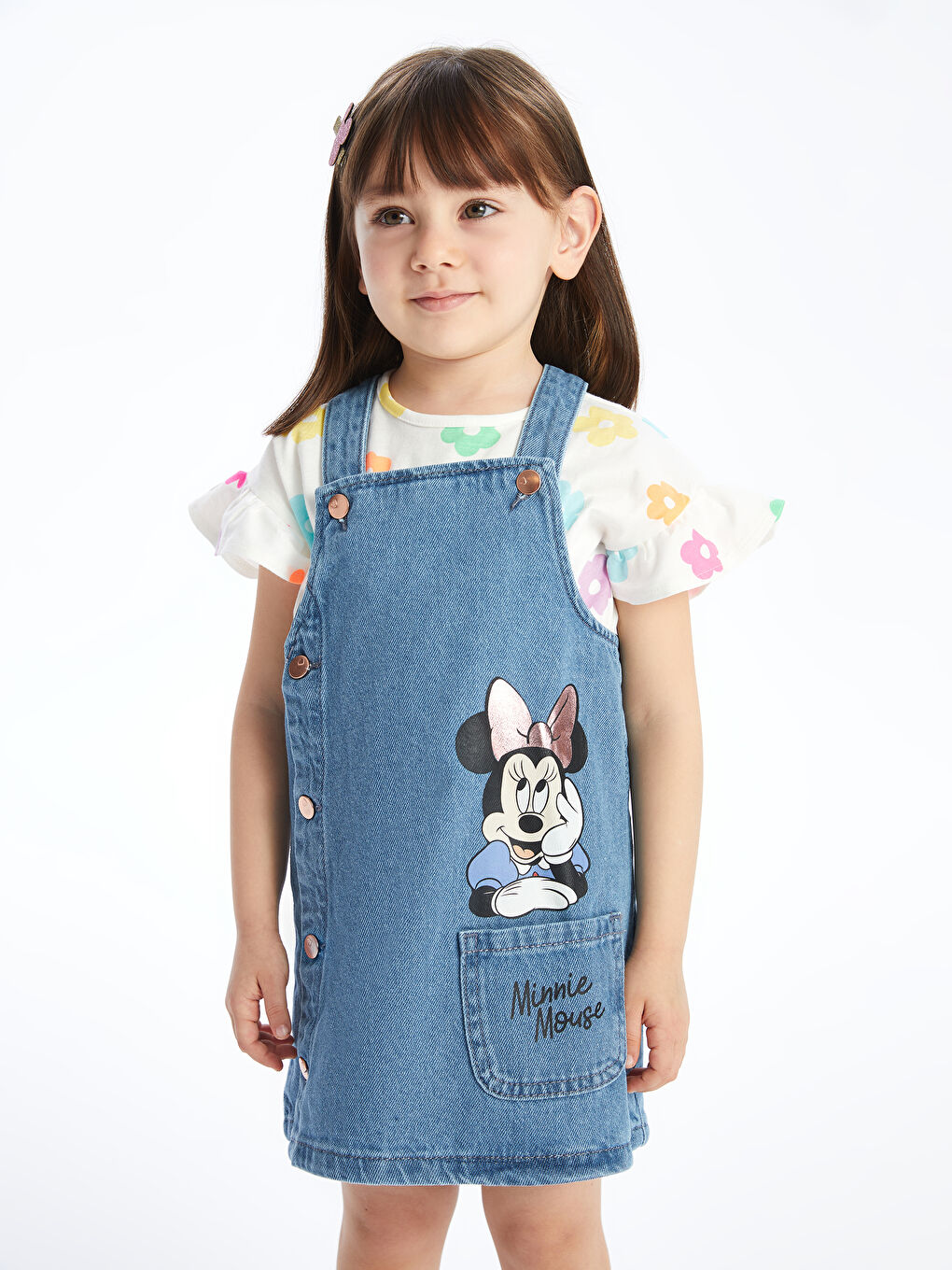 LCW baby Orta İndigo Rodeo Kare Yaka Minnie Mouse Baskılı Kız Bebek Jean Elbise - 1