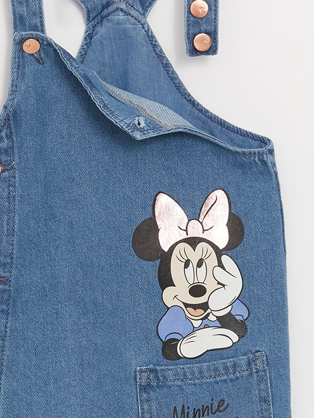 LCW baby Orta İndigo Rodeo Kare Yaka Minnie Mouse Baskılı Kız Bebek Jean Elbise - 4