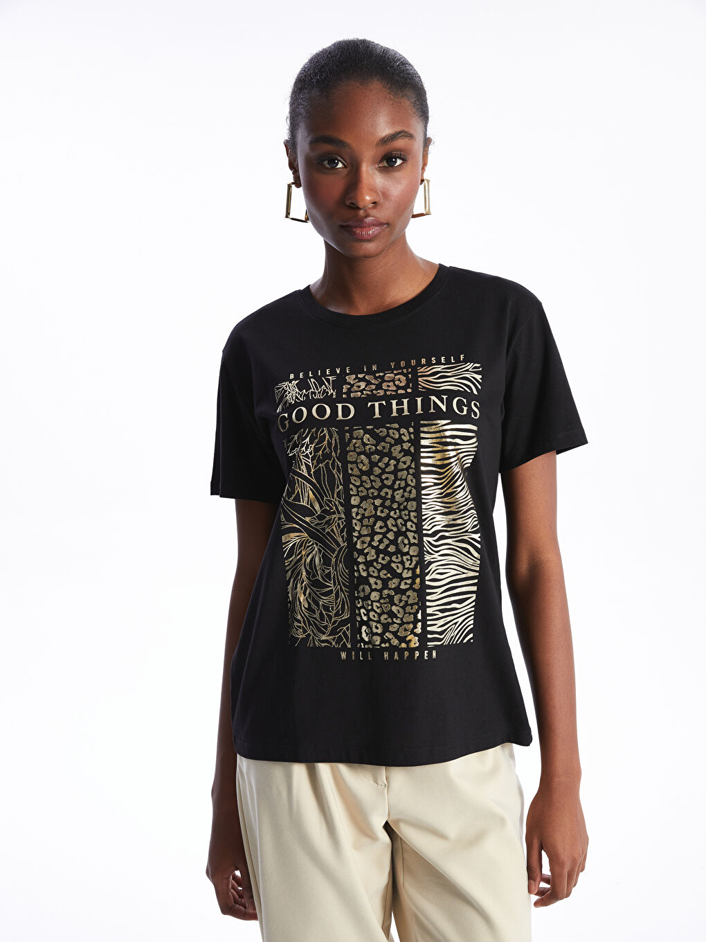 Crew Neck Printed Short Sleeve Women's T-Shirt -S47194Z8-CVL