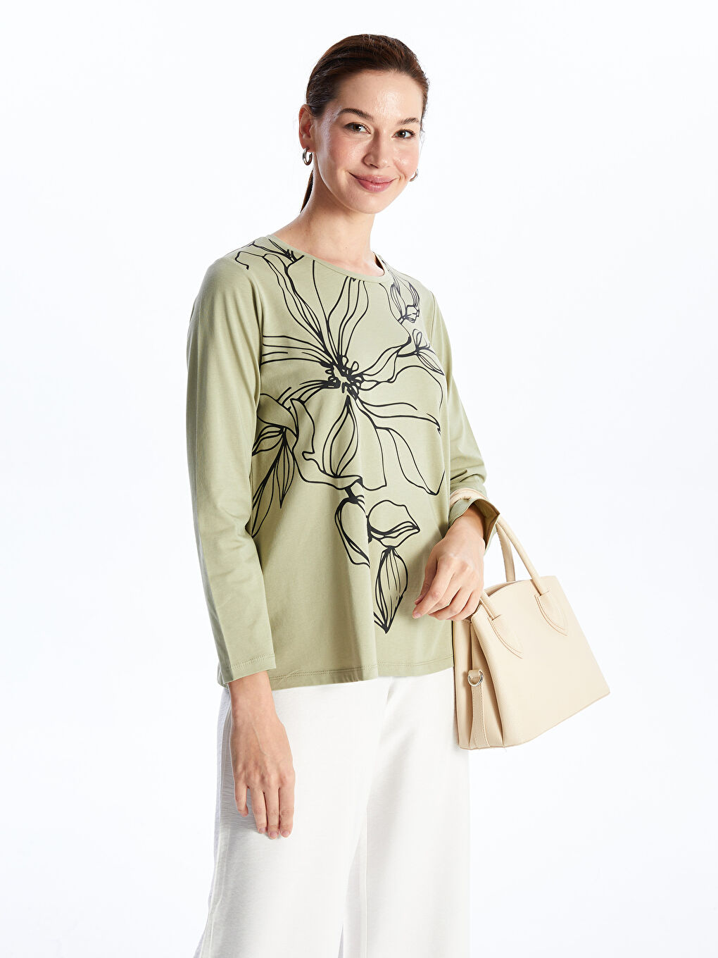 Crew Neck Printed Long Sleeve Women's T-shirt -S47232Z8-GHY