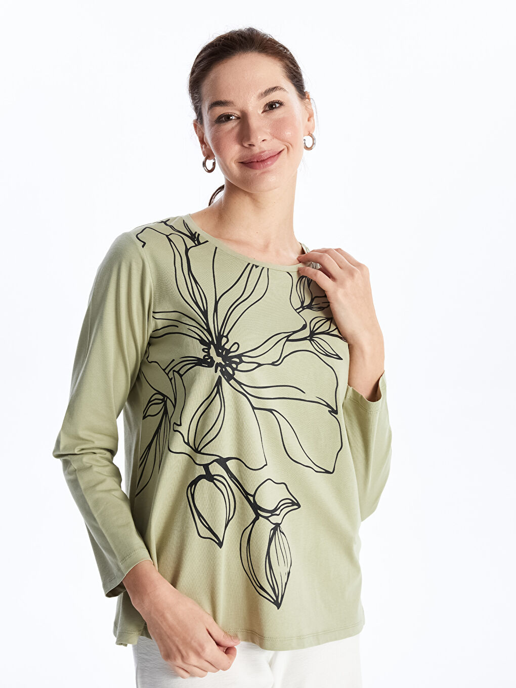 Crew Neck Printed Long Sleeve Women's T-shirt -S47232Z8-GHY