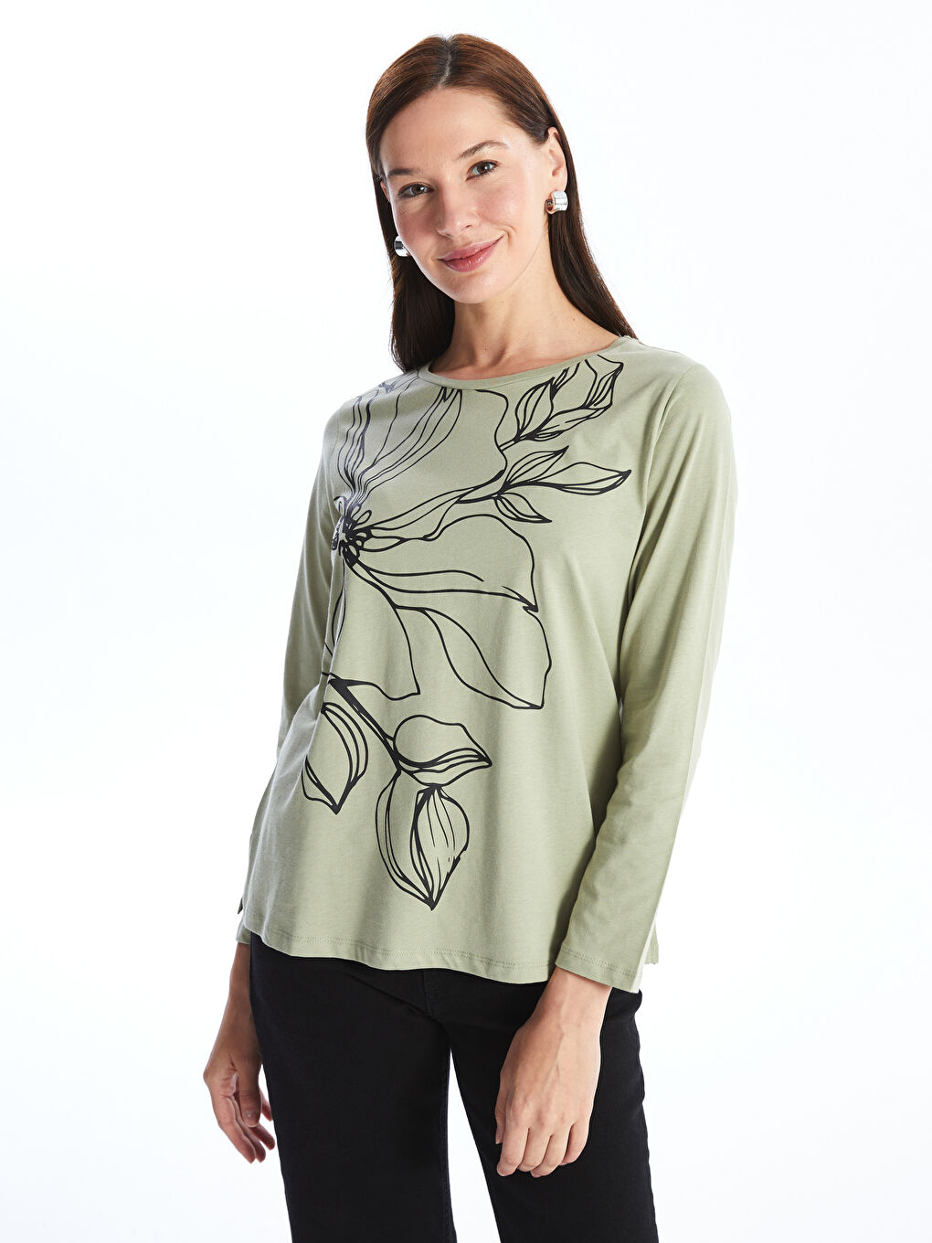 Crew Neck Printed Long Sleeve Women's T-shirt -S47232Z8-Y6Z