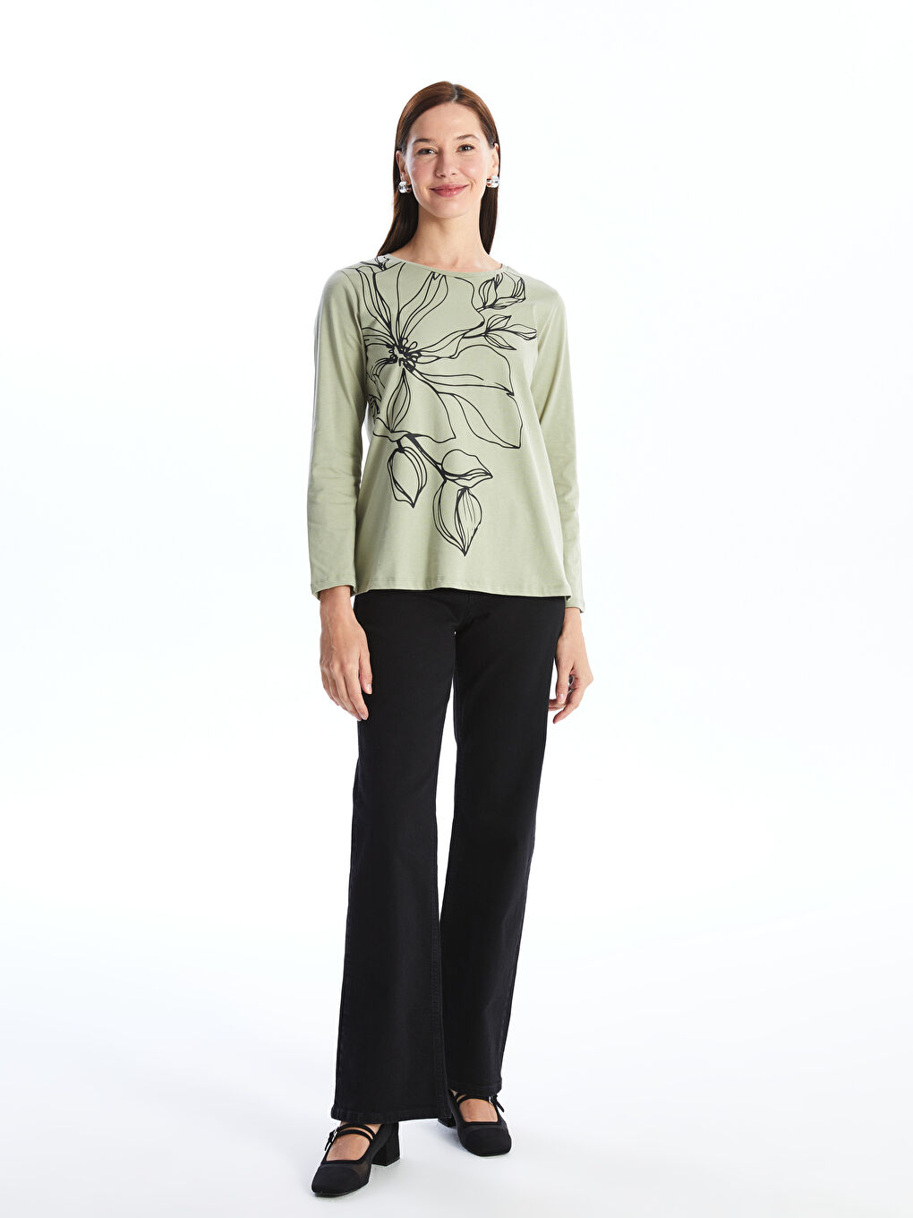 Crew Neck Printed Long Sleeve Women's T-shirt -S47232Z8-Y6Z