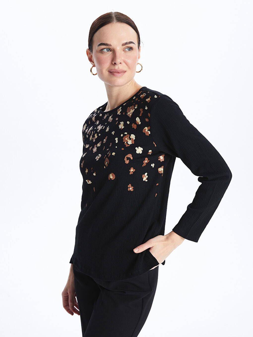 Crew Neck Patterned Long Sleeve Women's T-shirt -S47237Z8-CVL