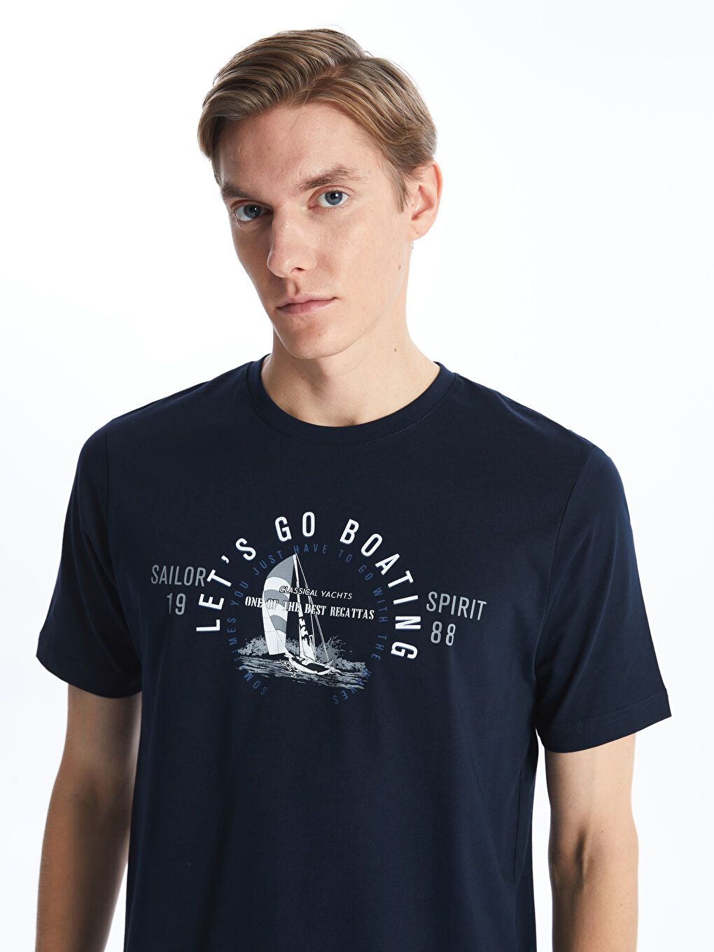 Lacivert Bisiklet Yaka Kısa Kollu Baskılı Penye Erkek Tişört