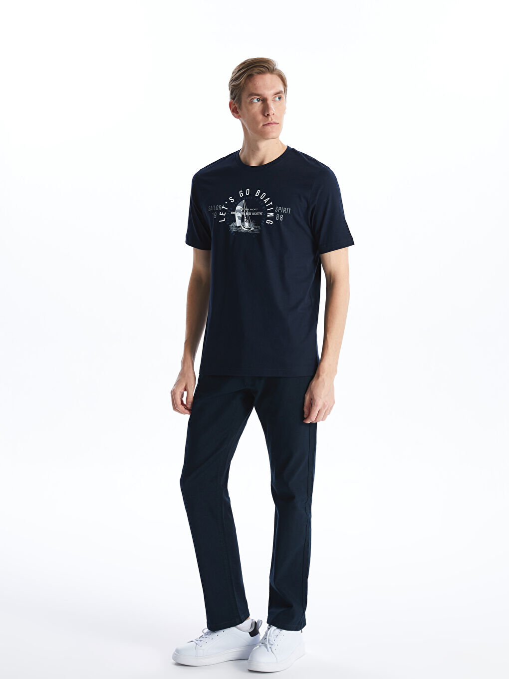 Lacivert Bisiklet Yaka Kısa Kollu Baskılı Penye Erkek Tişört-2