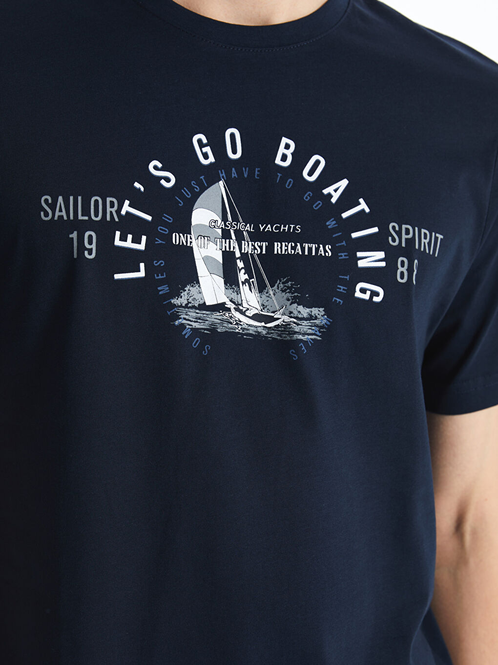 Lacivert Bisiklet Yaka Kısa Kollu Baskılı Penye Erkek Tişört-3