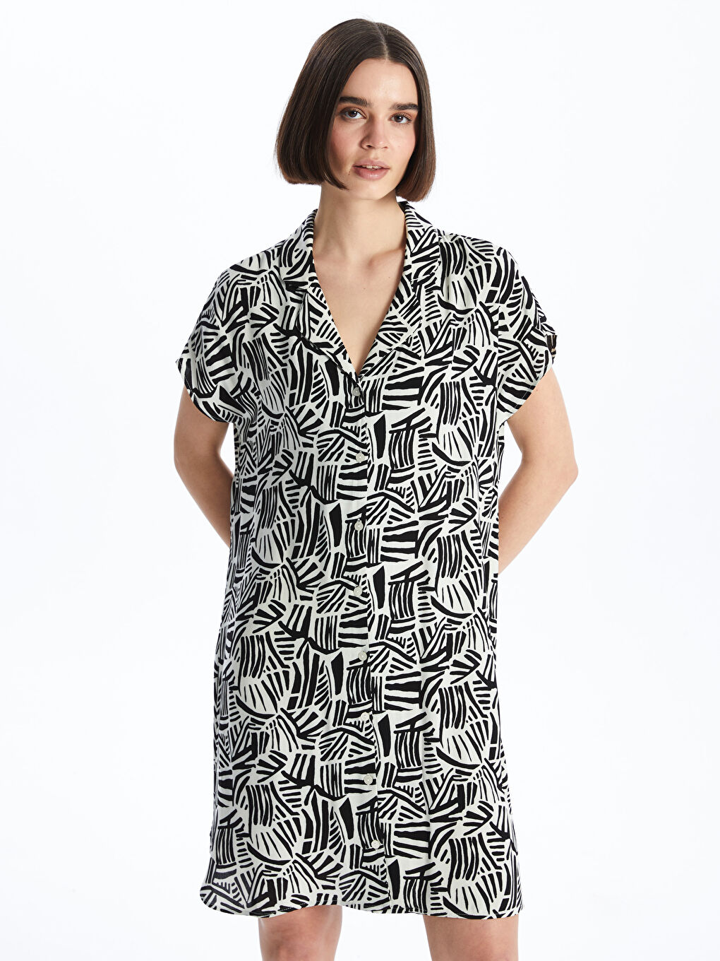 Collared Neck Patterned Short Sleeve Women's Beach Dress -S47256Z8-LQJ