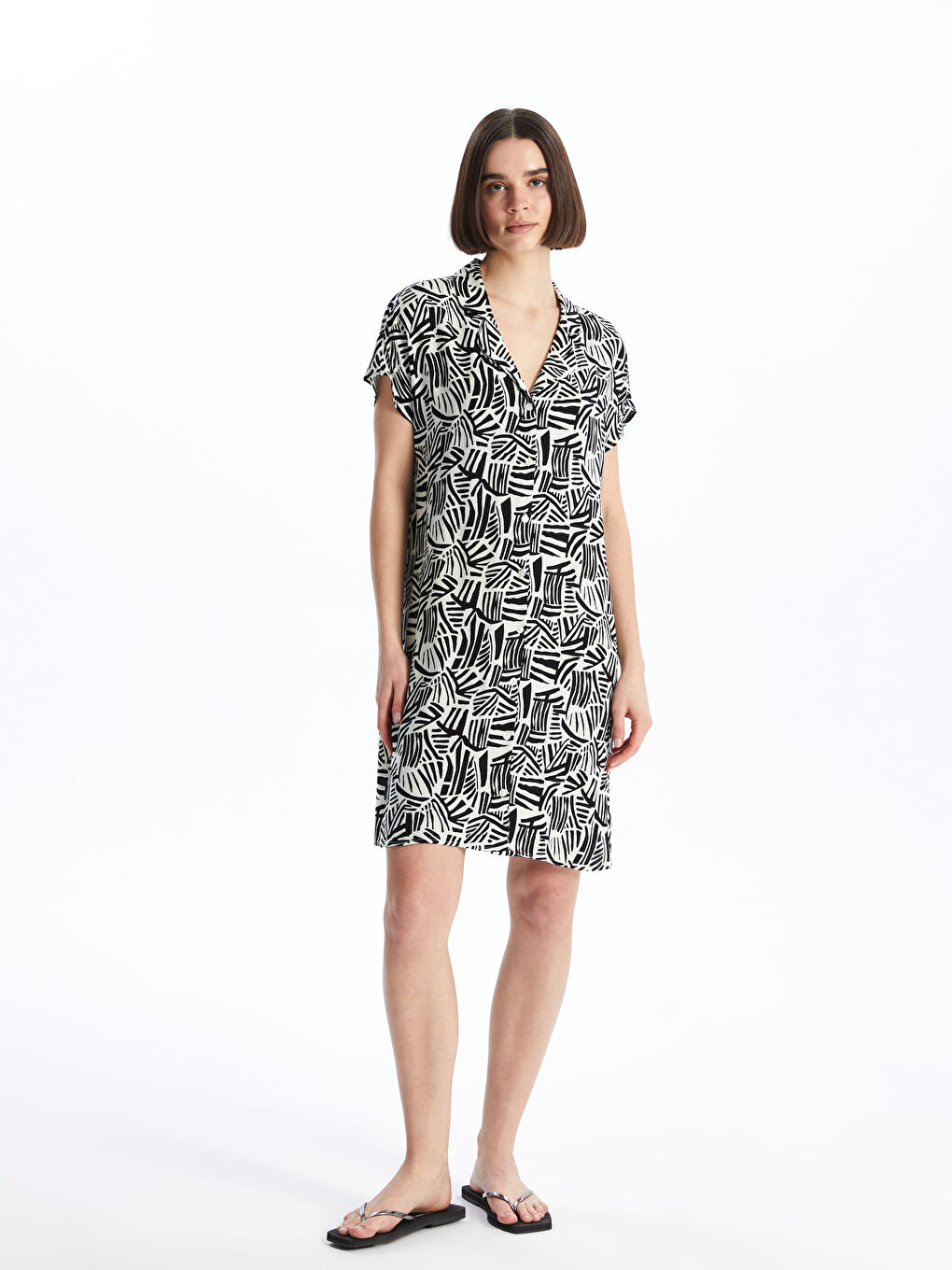Collared Neck Patterned Short Sleeve Women's Beach Dress -S47256Z8-LQJ