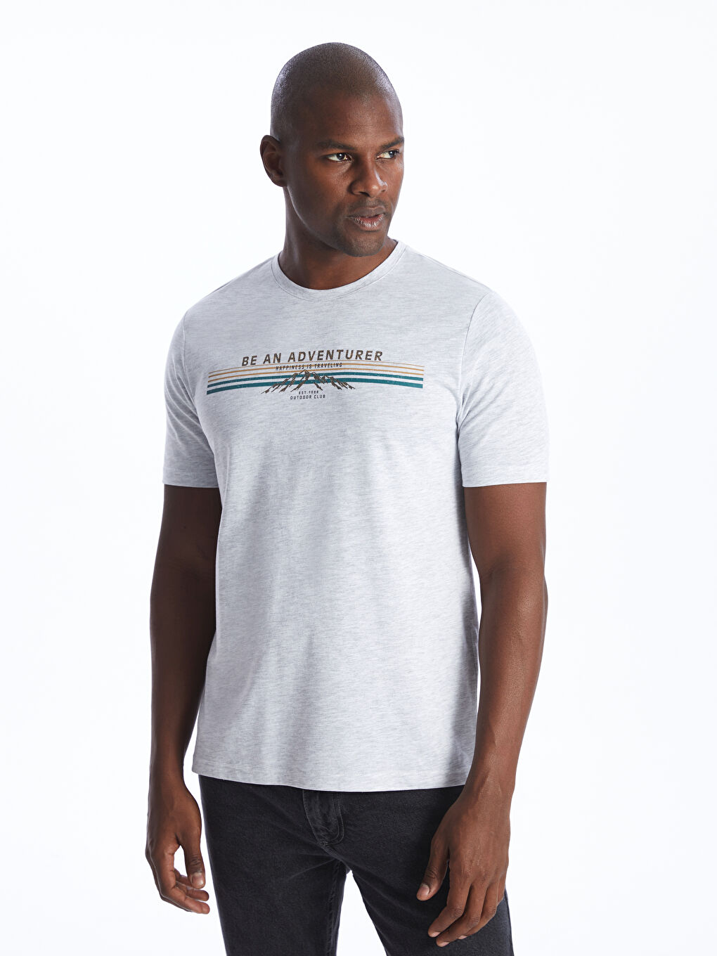 Bej Bisiklet Yaka Kısa Kollu Baskılı Penye Erkek Tişört