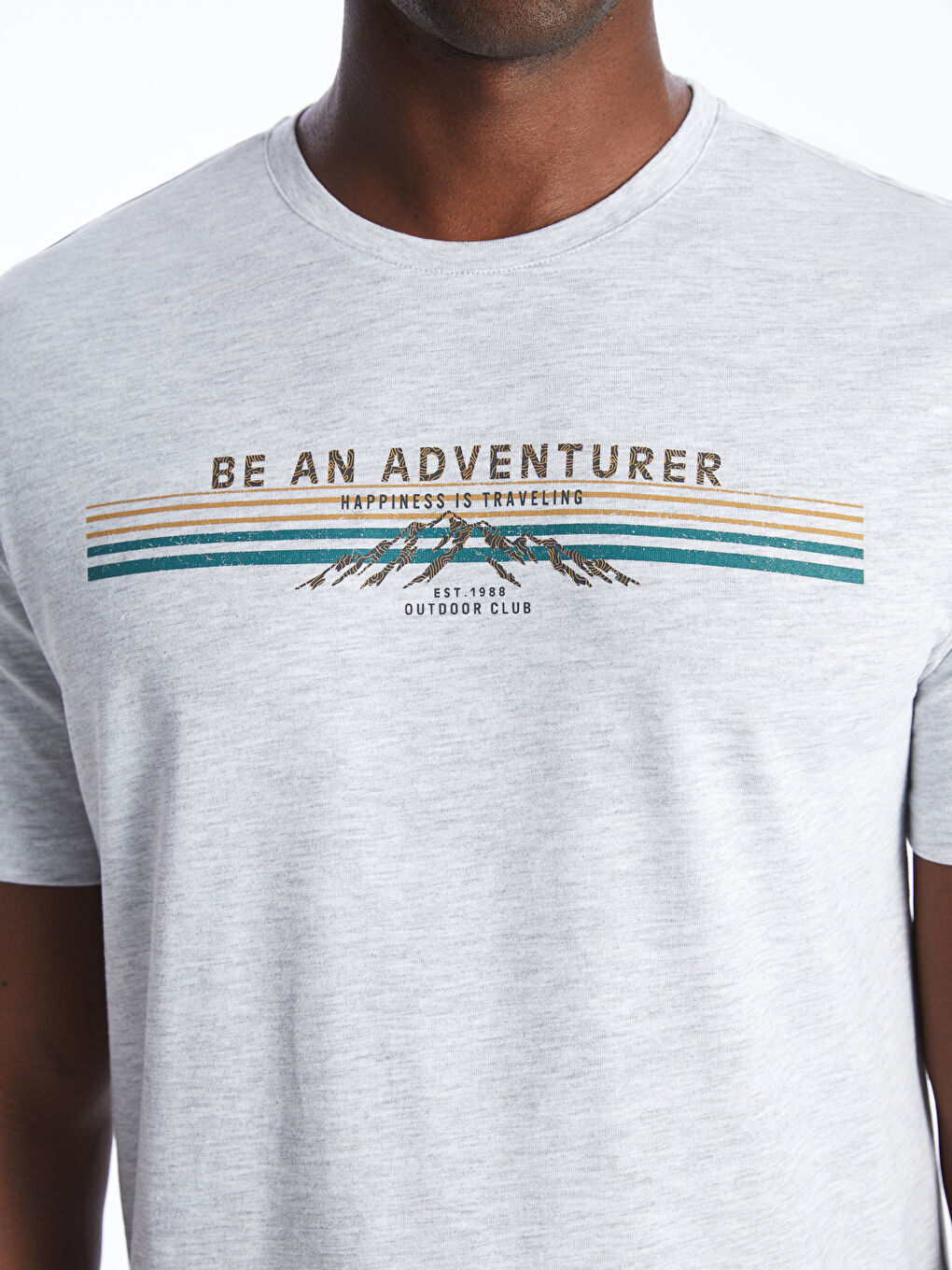 Bej Bisiklet Yaka Kısa Kollu Baskılı Penye Erkek Tişört-3