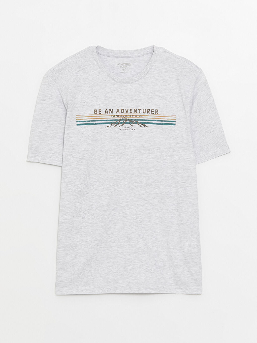 Bej Bisiklet Yaka Kısa Kollu Baskılı Penye Erkek Tişört-5