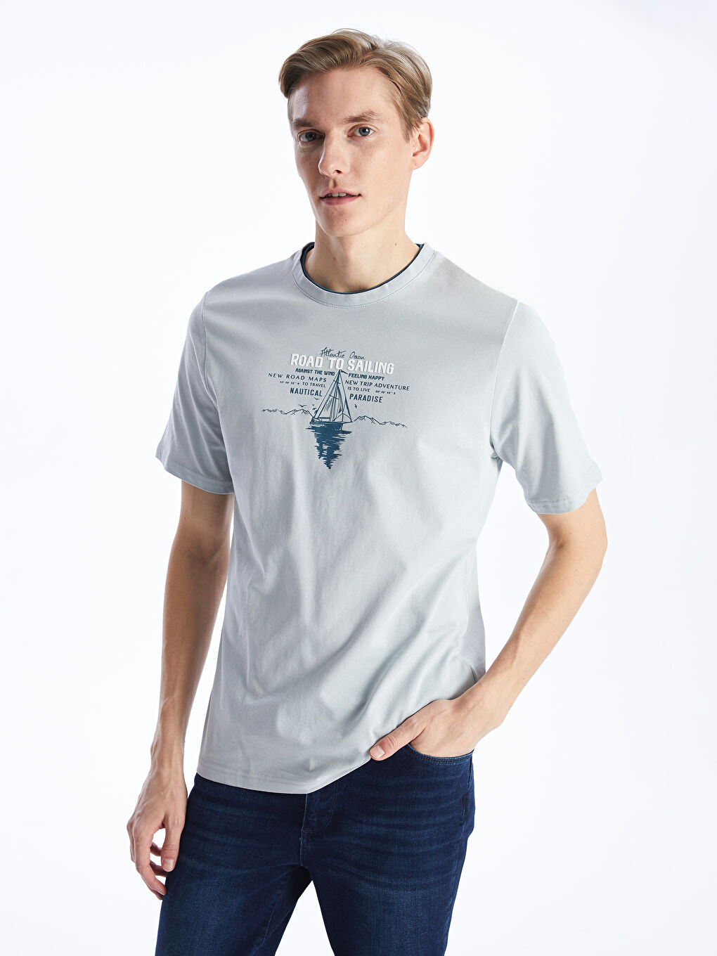 Crew Neck Short Sleeve Printed Combed Cotton Men's T-shirt -S47273Z8-VL4
