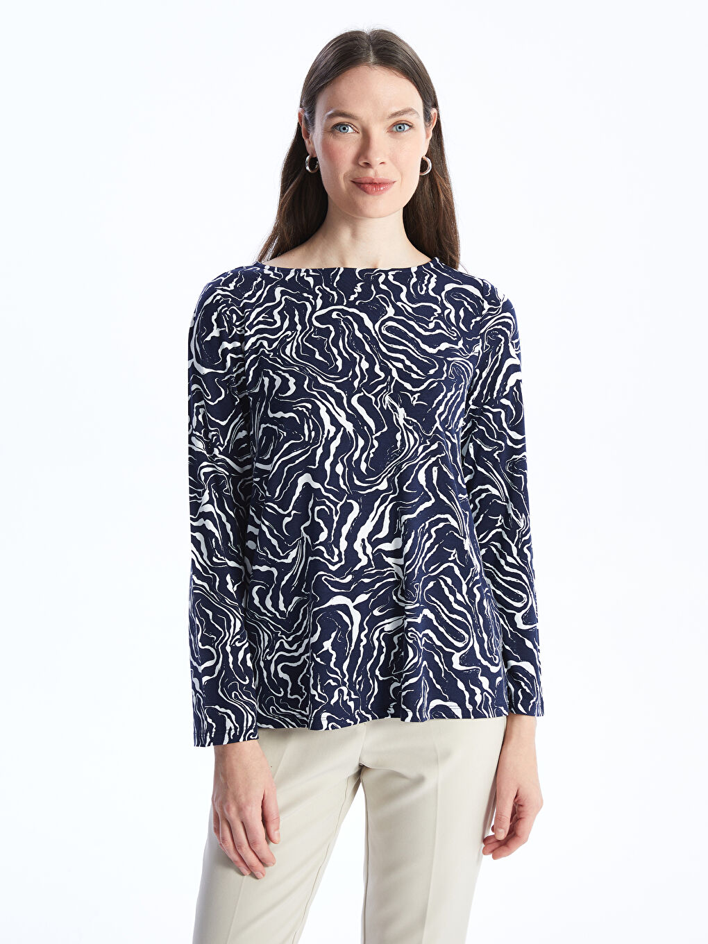 Crew Neck Patterned Long Sleeve Women's Blouse -S47284Z8-LSJ
