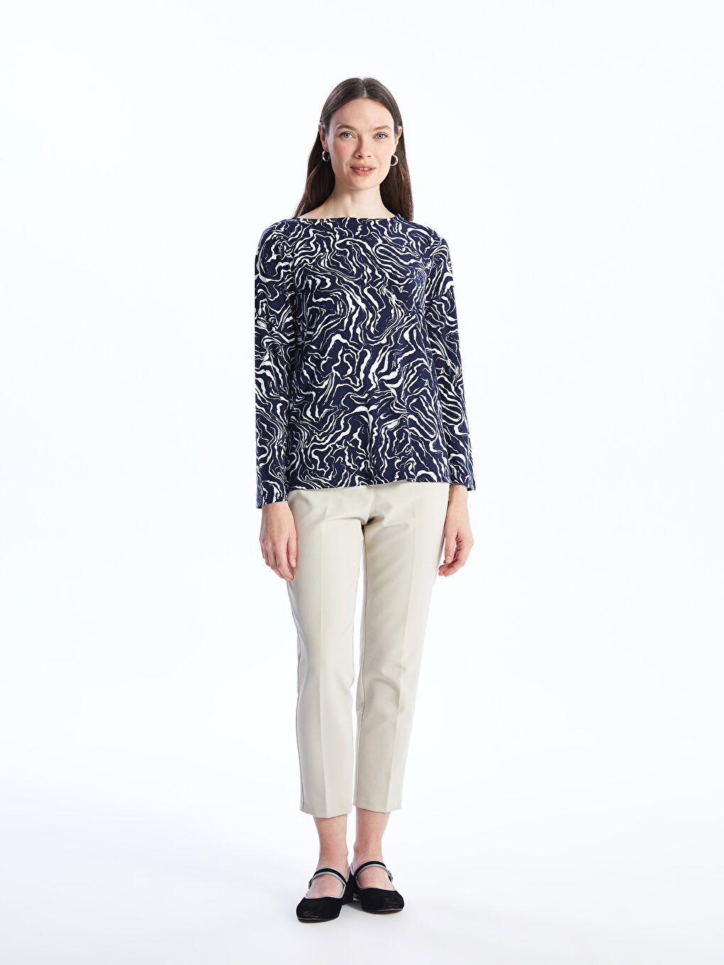 Crew Neck Patterned Long Sleeve Women's Blouse -S47284Z8-LSJ